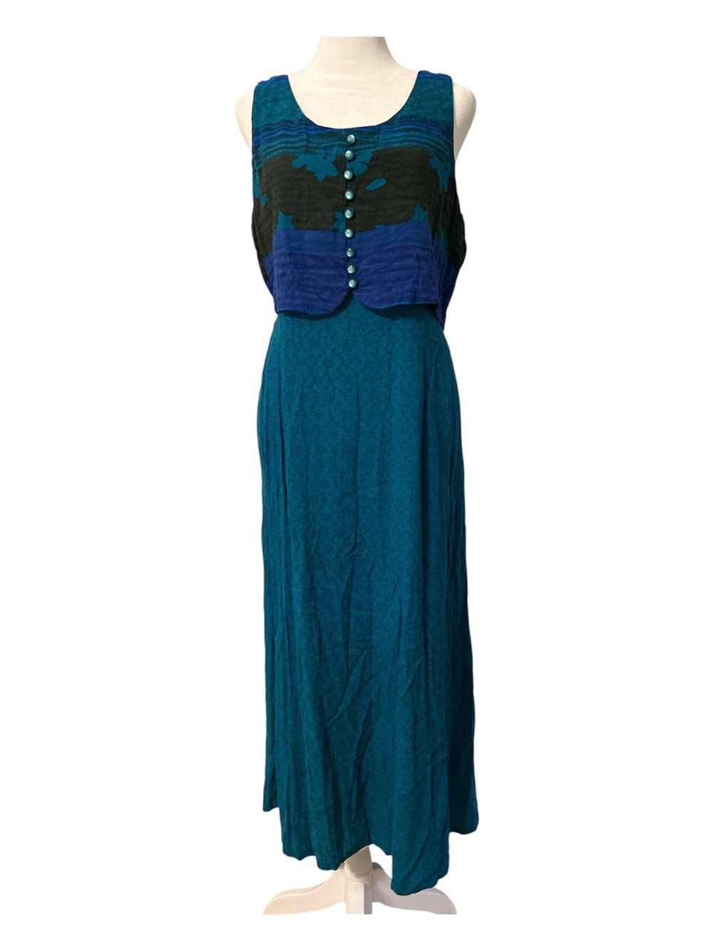 VTG 90s Scarlett Teal Sleeveless Maxi Dress with Coordinating Button Vest